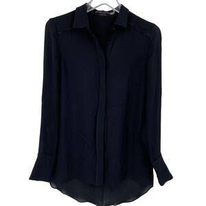 Alice + Olivia Silk Blouse Top Womens Size XS Black Semi Sheer Button Up